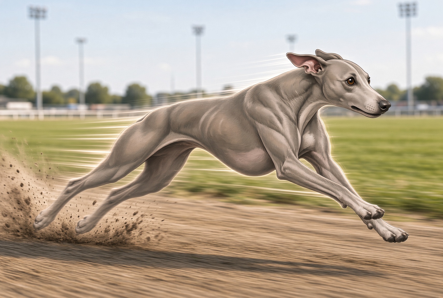 Rundog the greyhound sprinting down the track